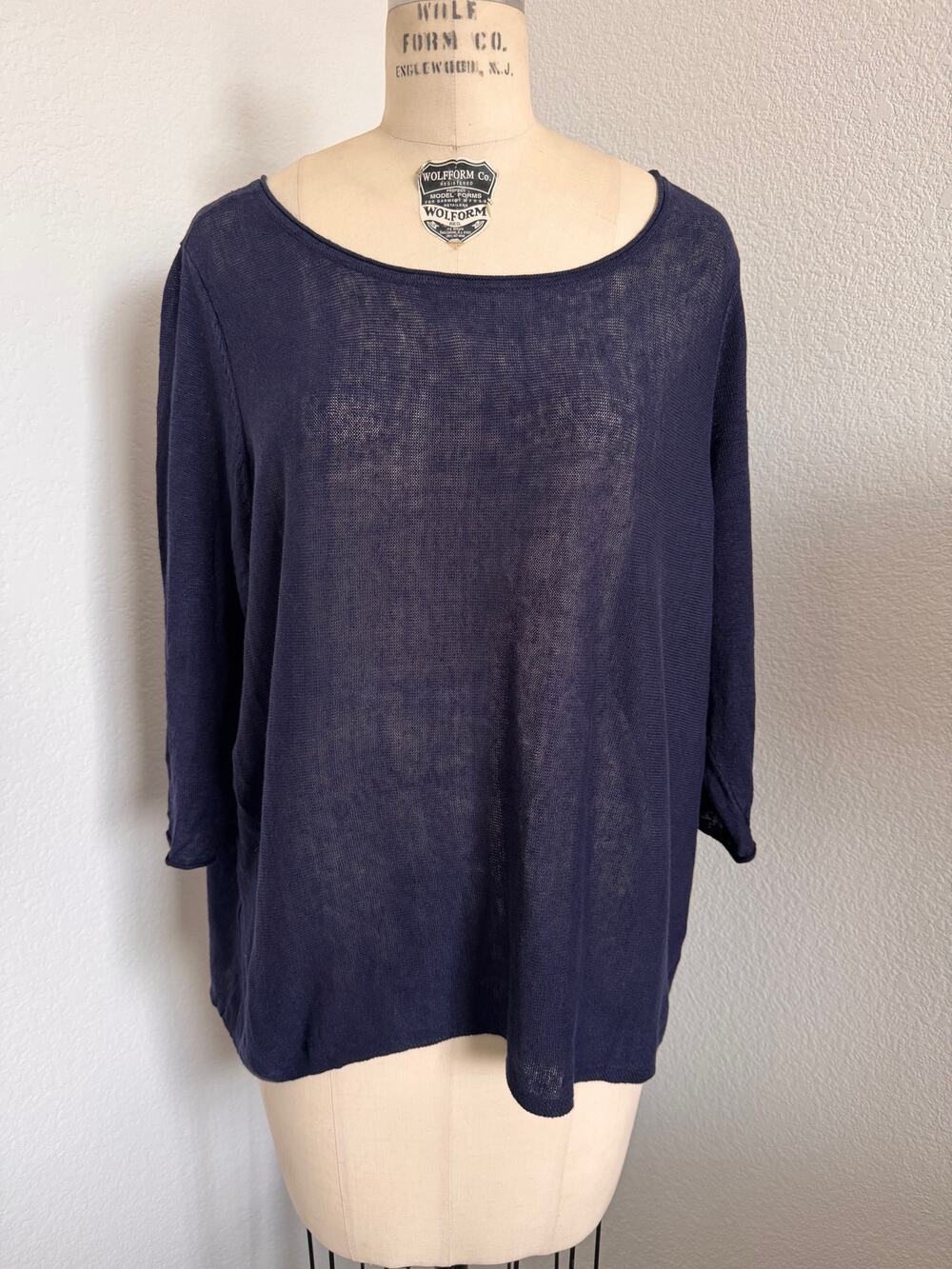 Eileen Fisher Organic Linen Sweater Navy Boatneck 3/4 Sleeve Size XL